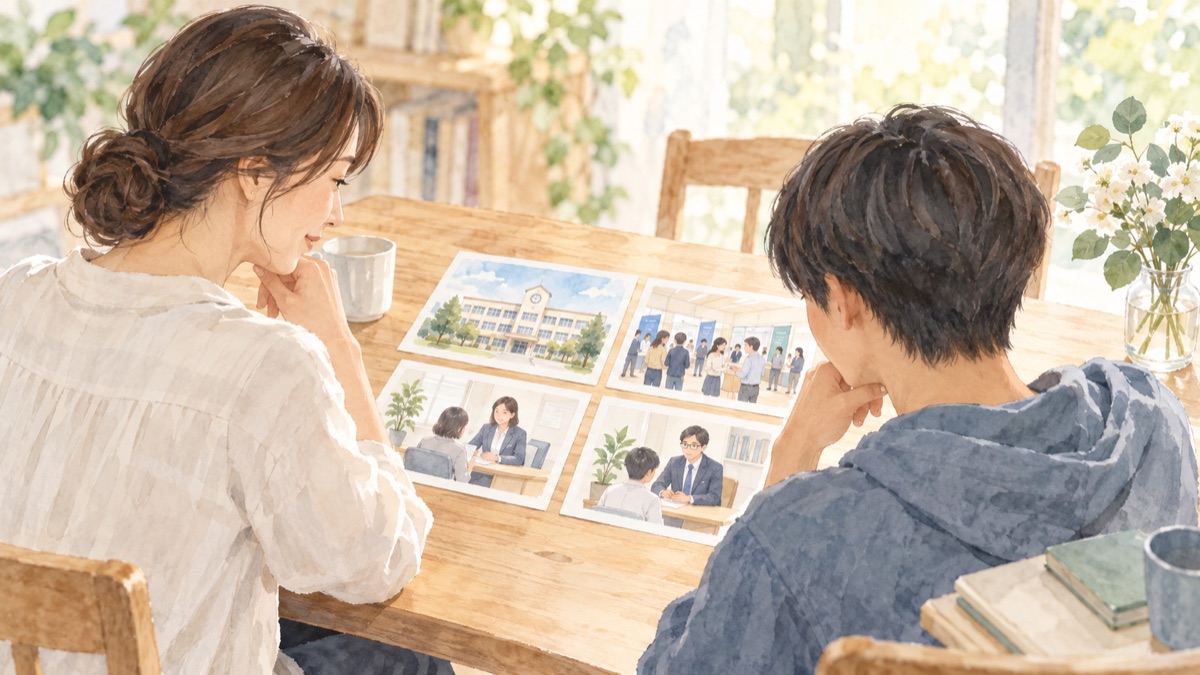 保護者と高校生が、学校や相談窓口の選択肢を見比べるイラスト
