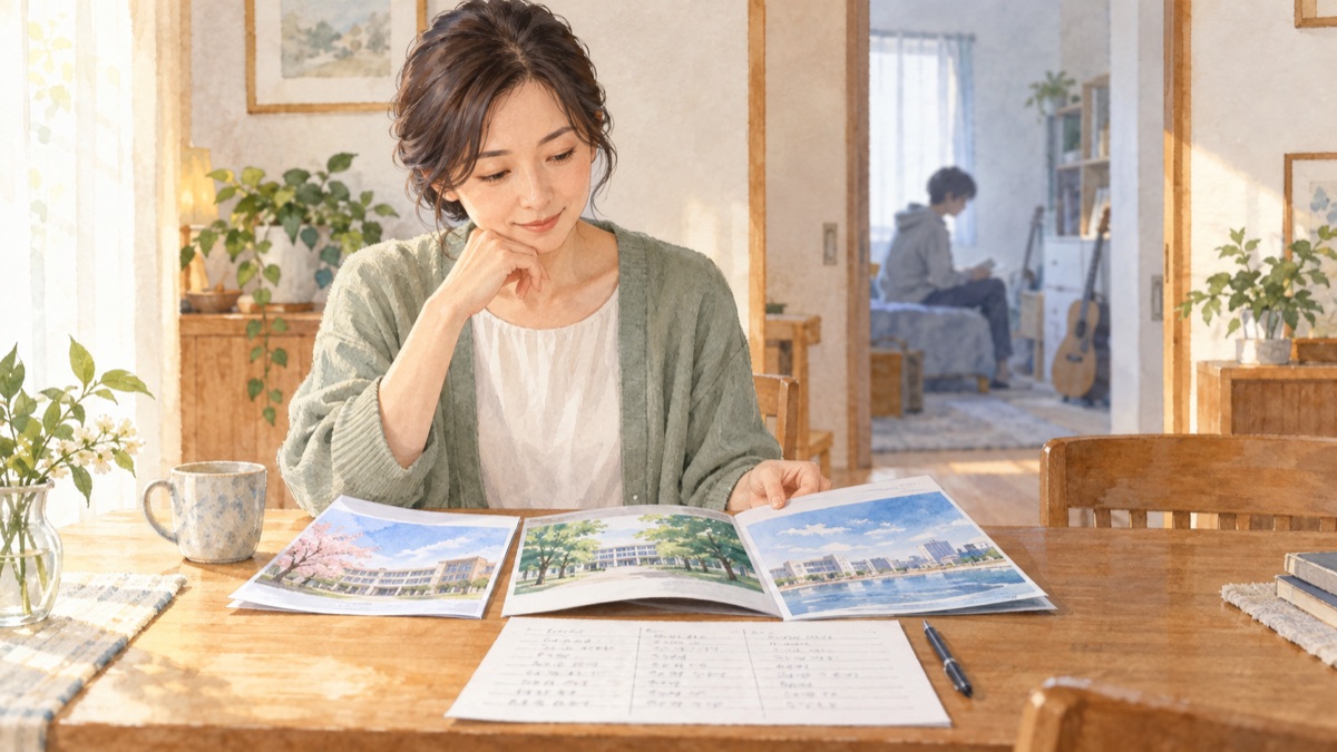 保護者が複数の通信制高校の資料を見比べるイラスト