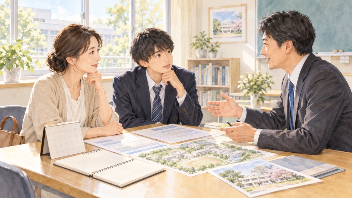 保護者と高校生が学校担当者に通い方や費用を尋ねるイラスト