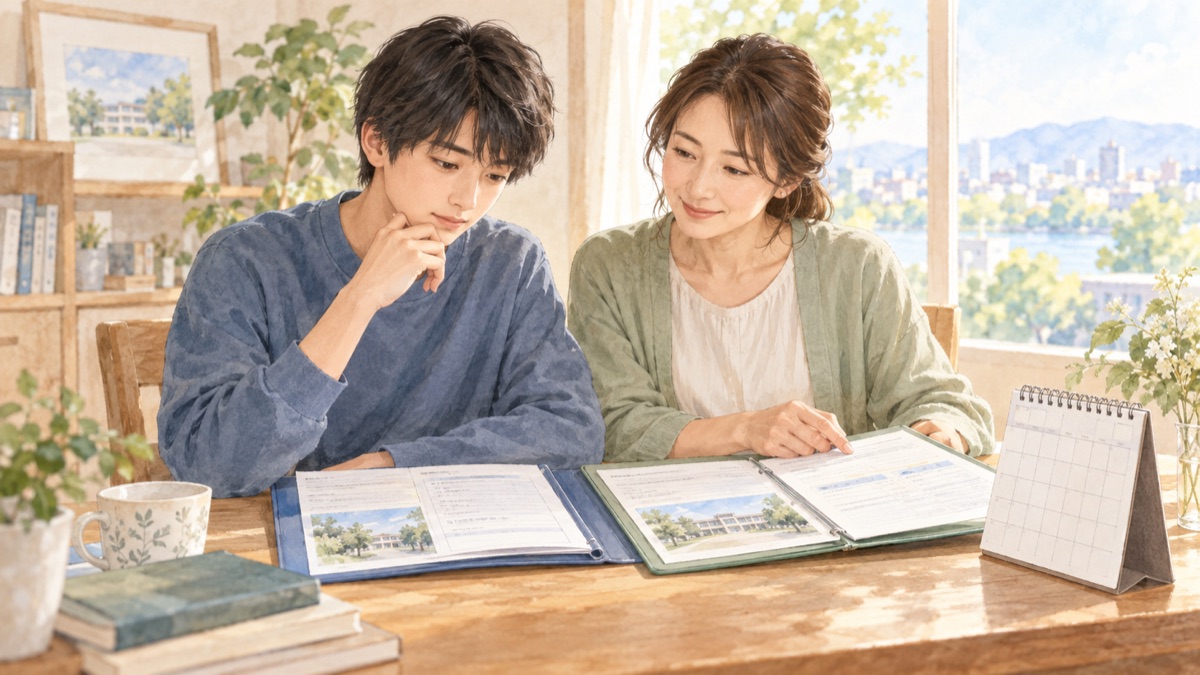 高校生と保護者が転入時期や必要書類を確認するイラスト