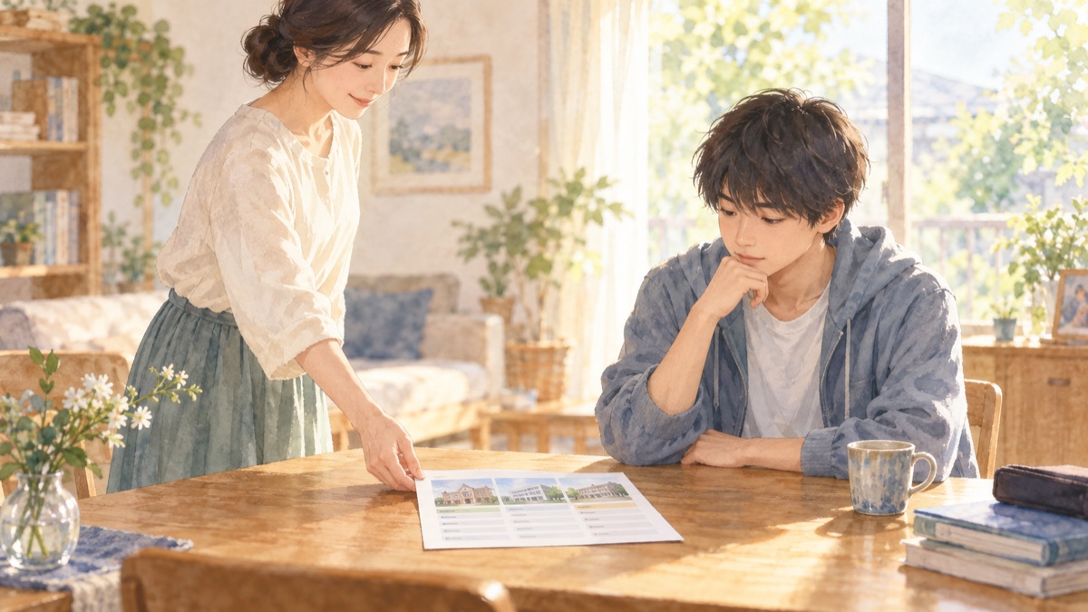 保護者が高校生に学校の比較資料を渡すイラスト
