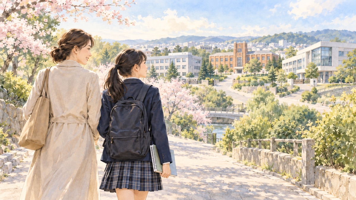 保護者と高校生が進路の選択肢を一緒に考えるイラスト