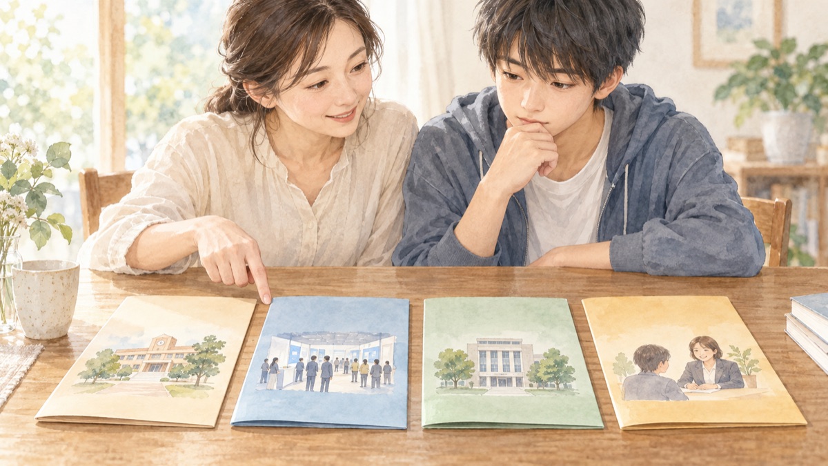 保護者と高校生が4つの相談先の資料を見比べるイラスト
