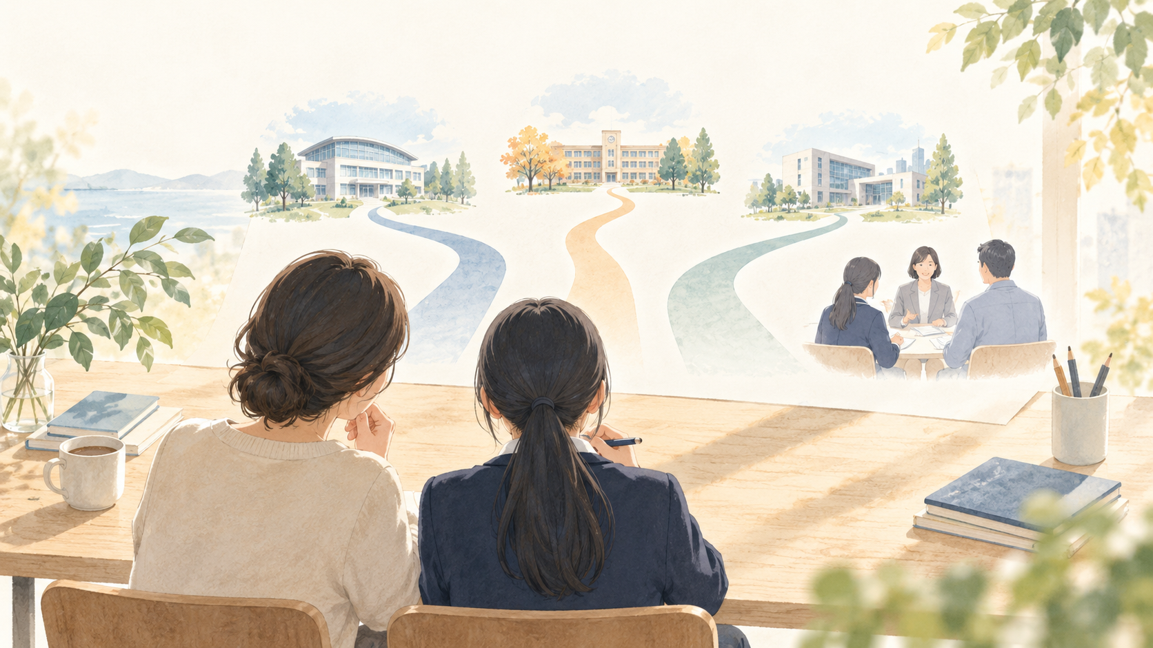 保護者と高校生が、複数の学校や相談先を見比べながら進路を考えるイラスト
